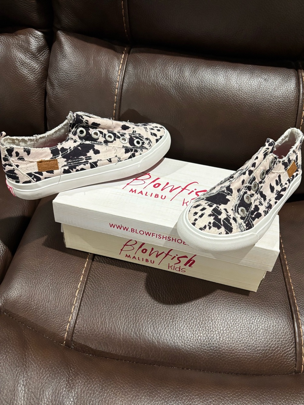 Blowfish Kids Black and Cream Slip-On Cow Print Sneakers